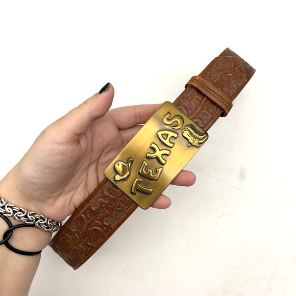 Vintage 70s Lyntone 2357 Brown Acorn Tooled TEXAS Solid Brass Buckle Belt 26-29\